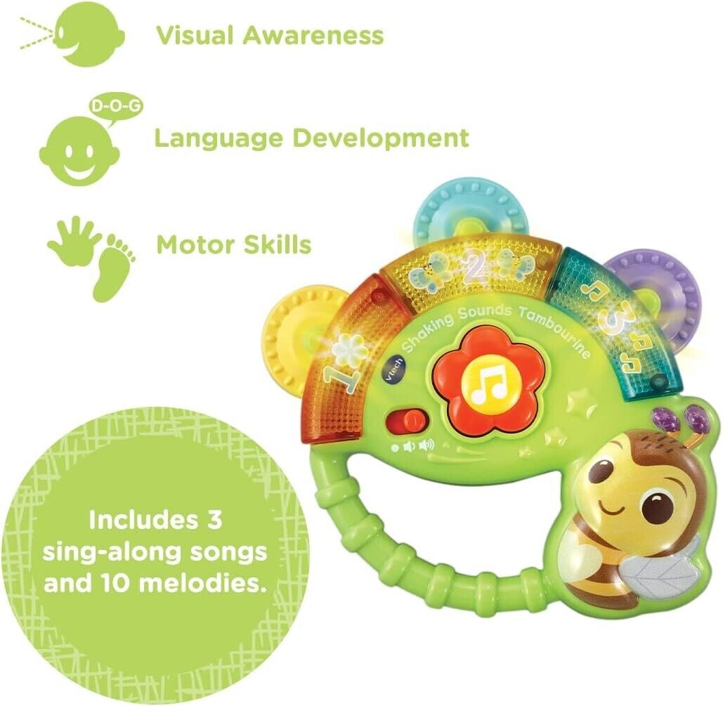VTech Baby Shaking Sounds Tambourine, Sensory Toy with Lights, Music, Colours,