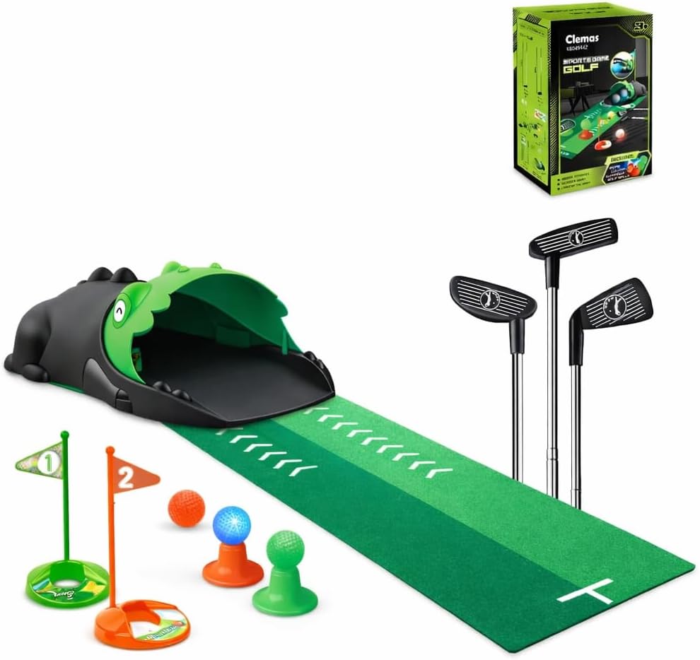 TOY LAB Upgraded Kids Toy Golf Set with Dinosaur Automatic Golf Returner, Led Light Up Night Golf Balls, 3 Clubs, Putting Mat, 3-8 Toddler Mini Golf Games, Indoor Outdoor Sports Toys for Boys Girls