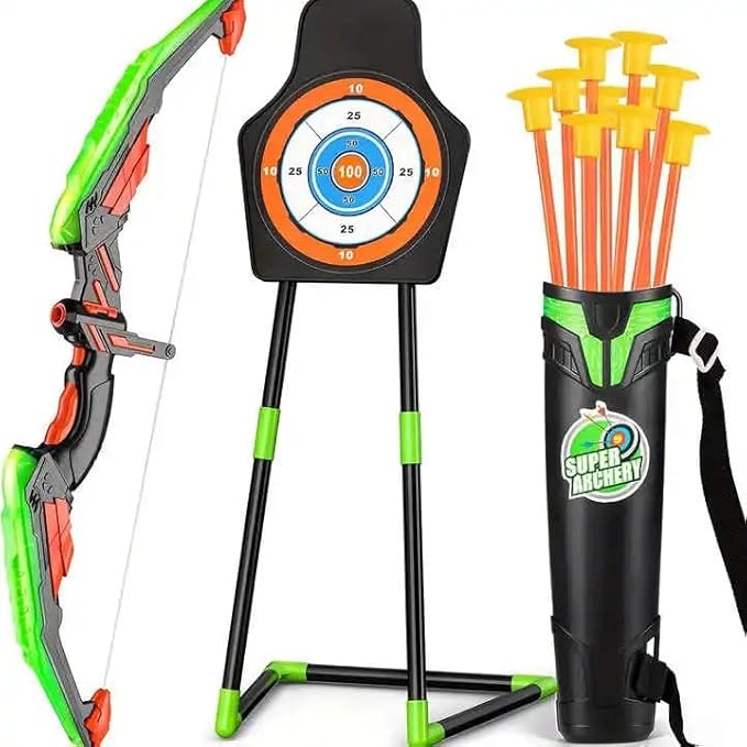 MAD 4 TOYS Green Bow and Arrow Set for Kids - LED Light-Up Archery Toy with 10 Suction Cup Arrows, Quiver & Target - Ideal Outdoor Fun for Ages 3-12