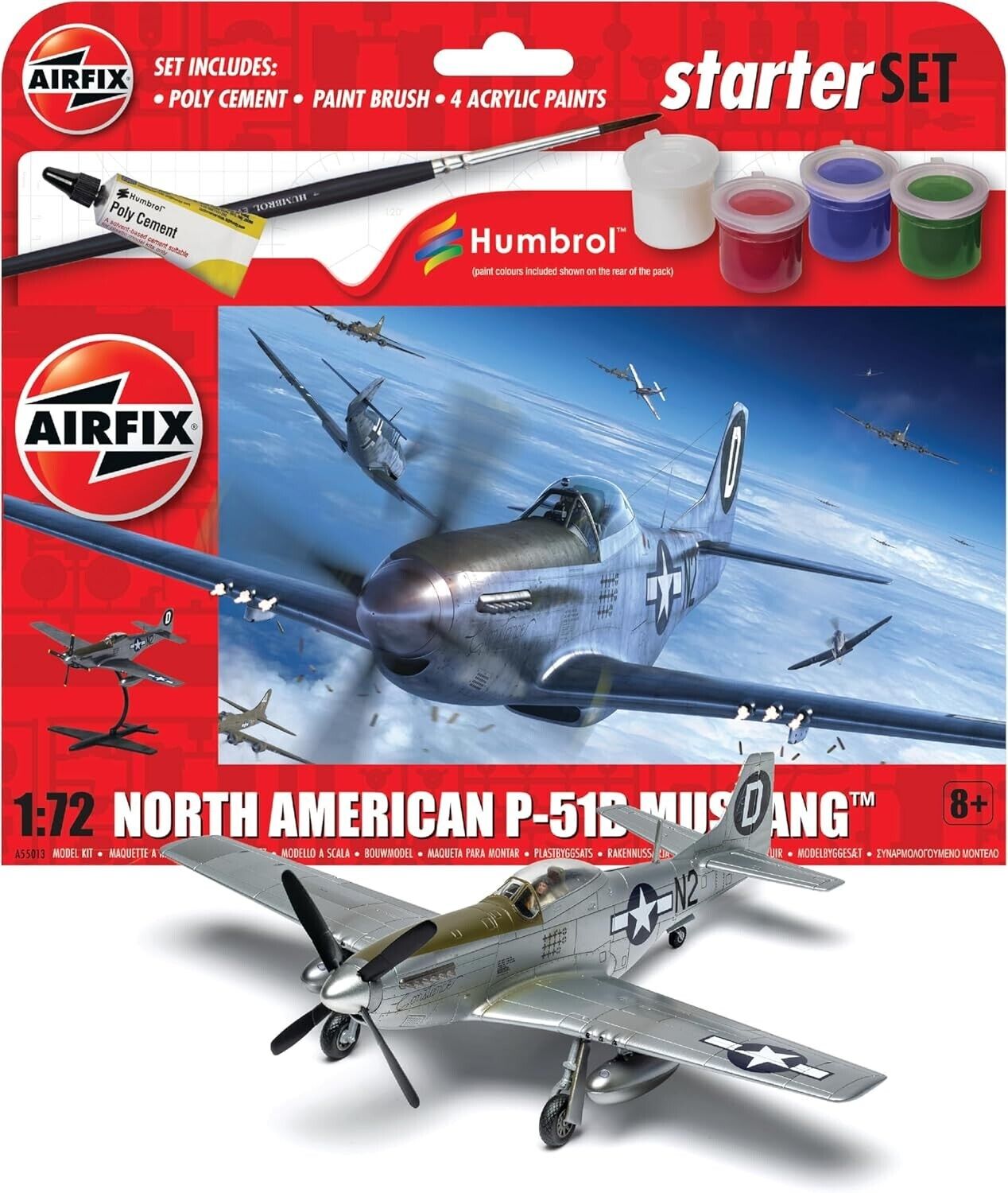 Kit de démarrage AIRFIX - A55013 Maquette d'avion North American P-51D Mustang - Maquette en plastique pour adultes et enfants de 8 ans et plus, Contient grappes, décalcomanies Kit de démarrage AIRFIX - A55013 Maquette d'avion North American P-51D Mustang - Maquette en plastique pour adultes et enfants de 8 ans et plus, Contient grappes, décalcomanies