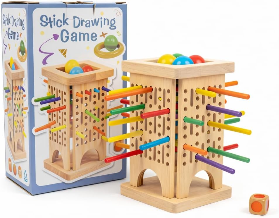 TOY LAB Montessori Game Wooden Board Games, 42 Colorful Wooden Sticks Dice Games Math Educational Toys for 3 4 5 6 Years Old, Fine Motor Skills & Counting Toy, Family Travel Game for Kids Gifts