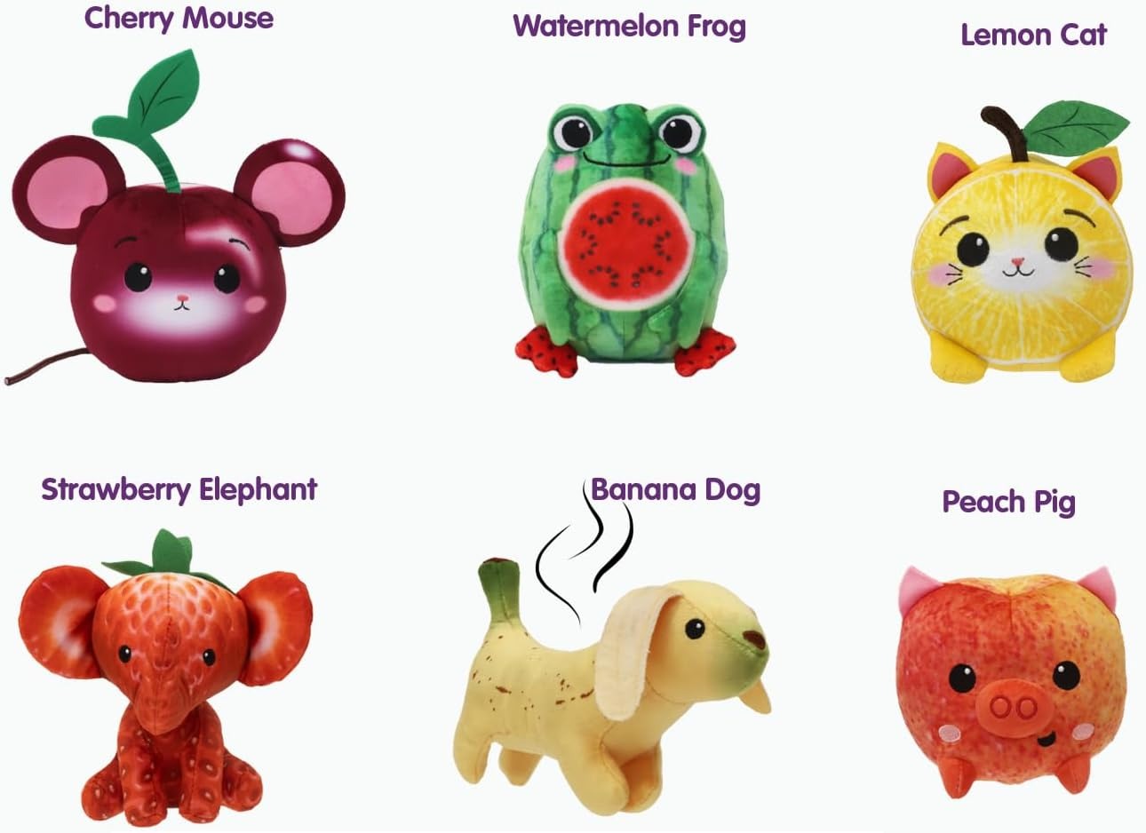 Golden Bear FOODIBLES Scented Small 10cm Tall Soft Toy Collection: Strawberry Elephant, Cool Watermelon Frog, Cute Cherry Mouse, Banana Dog, Cute Lemon Cat and “Pretty as a Peach” Pig! (6 Pieces)