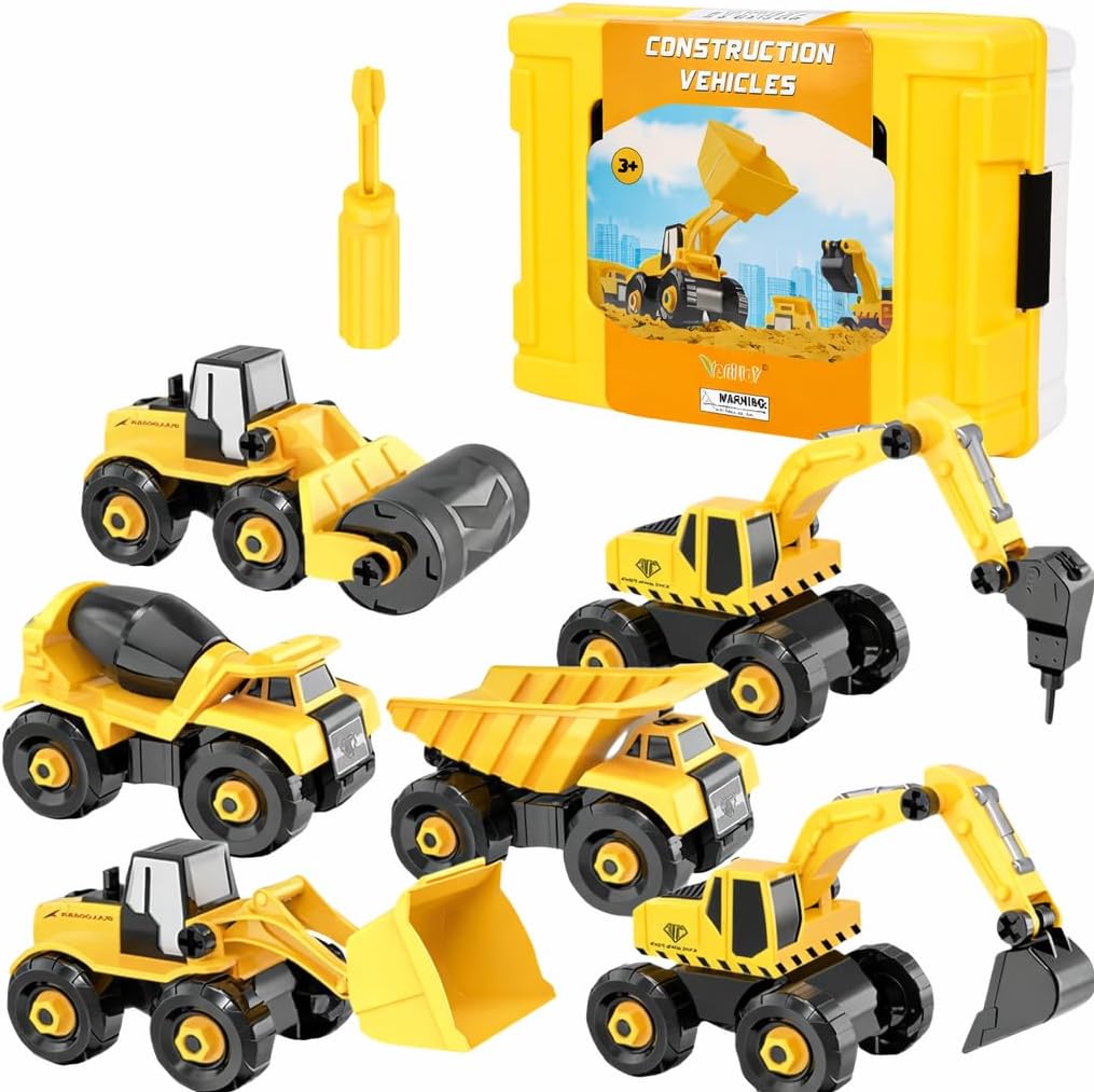 TOY LAB 6 in 1 Take-Apart Construction Vehicles include Toy Drill & Box, Digger Excavators Truck Building STEM Learning Gift, Electric Drill Toy Set for Boys Girls 3 4 5 Years Old