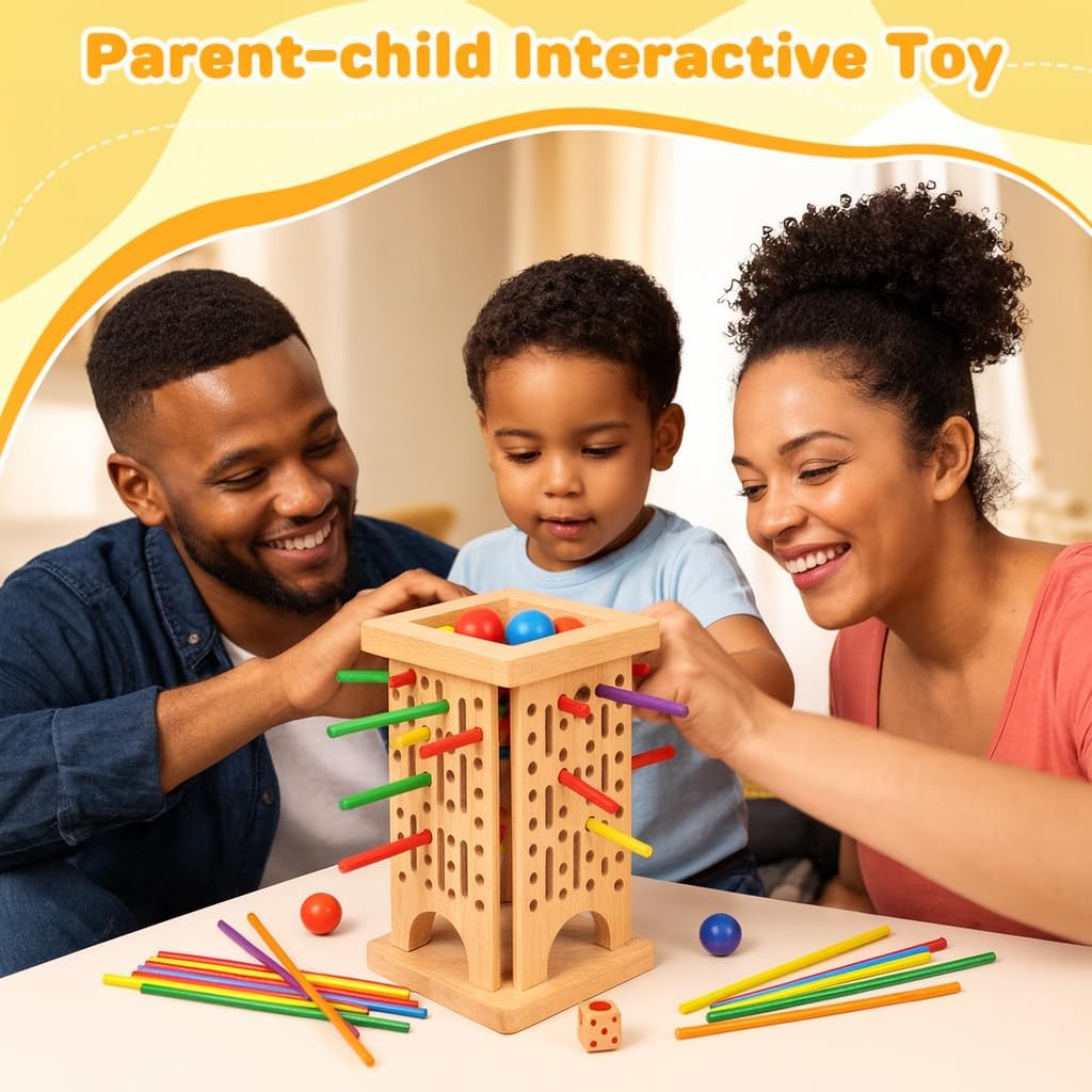 TOY LAB Montessori Game Wooden Board Games, 42 Colorful Wooden Sticks Dice Games Math Educational Toys for 3 4 5 6 Years Old, Fine Motor Skills & Counting Toy, Family Travel Game for Kids Gifts