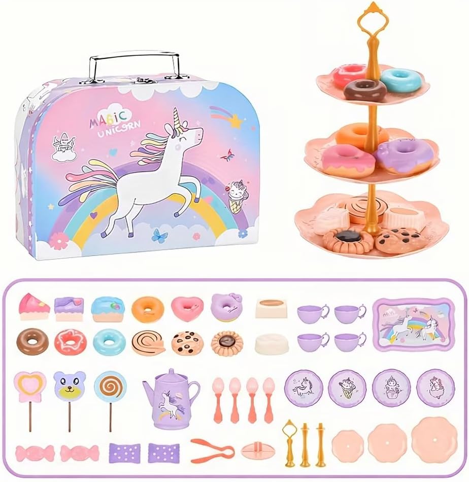 TOY LAB Children’s Tea Party Play Kitchen Set – Classic Pretend Play Tea Cup Set with Teapot, Saucers & Food Toys – Kitchen Role Play Toy for Girls & Boys, Imaginative Social Play Gift