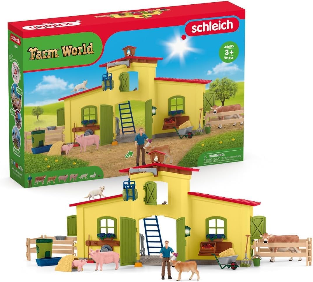Ensemble de Figurines Animaux de la Ferme avec Accessoires - Coffret Ferme éducative de 92 Pieces avec Vache, Cheval, Cochon et