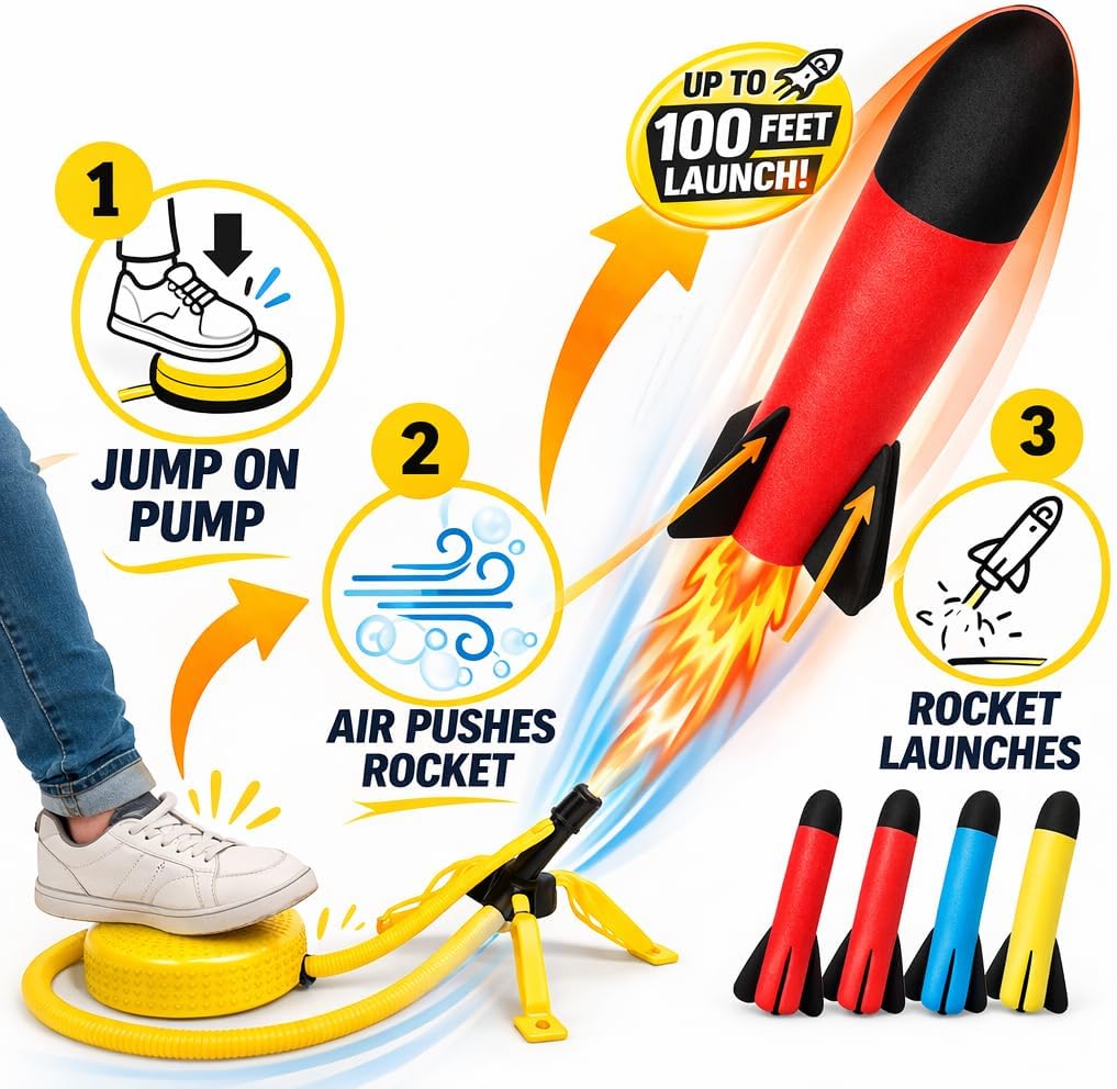TOY LAB Rocket Launcher for Kids with 6 Foam Rockets - STEM Gift for Boys & Girls Ages 3+ - Christmas Xmas Easter Egg Gifts - Fun Outdoor/Indoor Toy