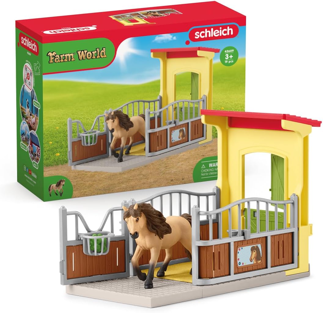 SCHLEICH 42609 Pony Box with Iceland Pony Stallion, from 3 years, FARM WORLD - Playset, 4 pieces