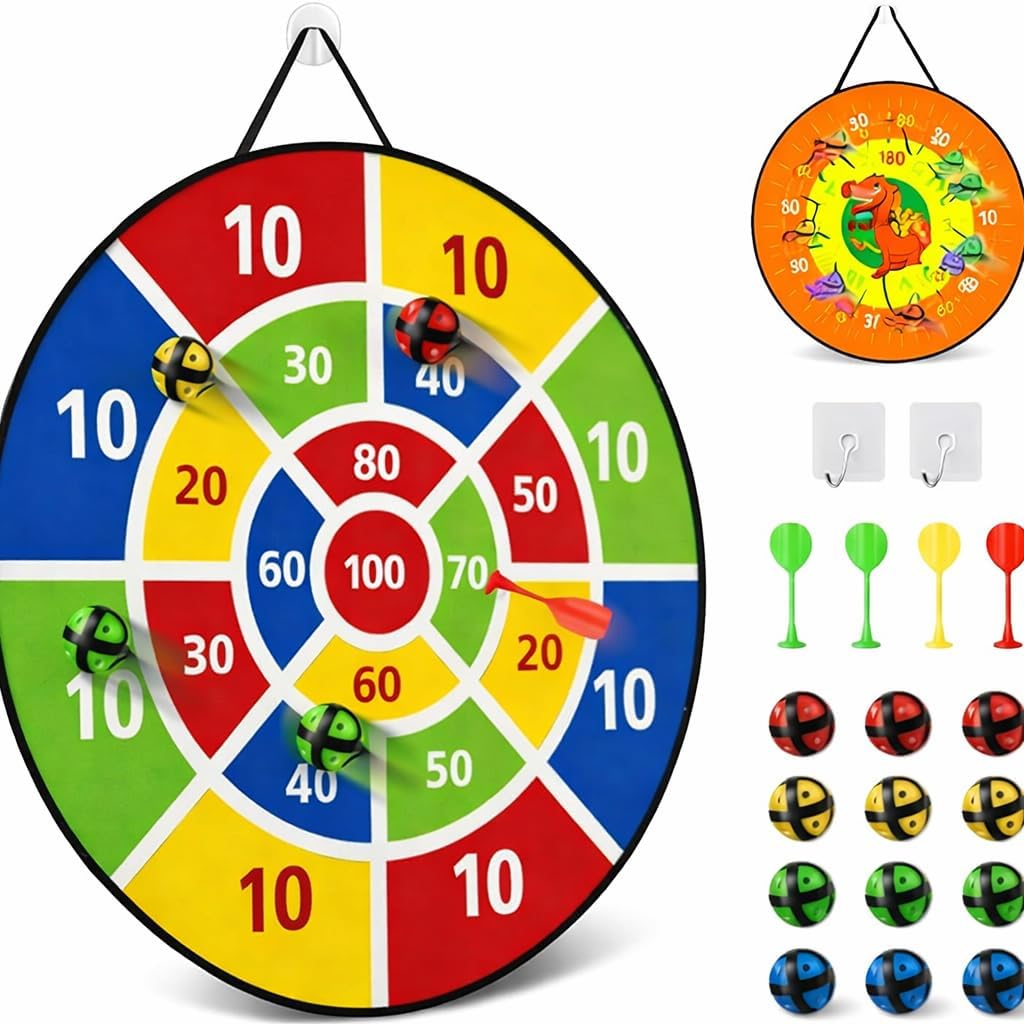 TOY LAB Kids Dart Board Set,Double Sided Dart Board with 12 Sticky Balls,6 Darts,Indoor & Outdoor Party Games Toys Gifts for 3 4 5 6 7 8 9 10 11 12+ Year Old Boys Girls (M023-Kids Dart Board Set)