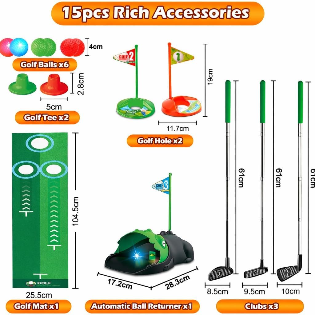 TOY LAB Upgraded Kids Toy Golf Set with Dinosaur Automatic Golf Returner, Led Light Up Night Golf Balls, 3 Clubs, Putting Mat, 3-8 Toddler Mini Golf Games, Indoor Outdoor Sports Toys for Boys Girls