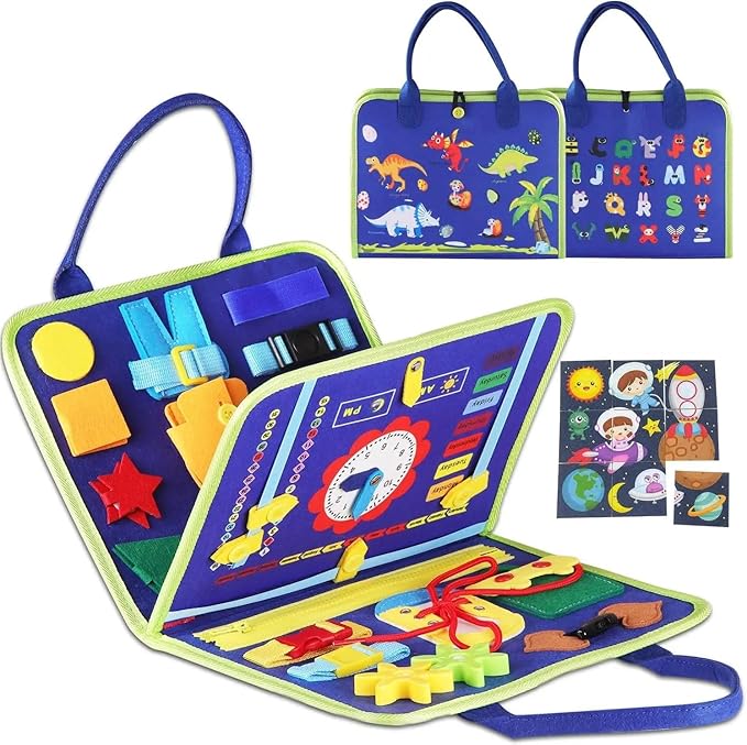 MAD 4 TOYS Montessori Busy Board for Toddlers - Interactive Sensory Activity Toy with Zippers, Buttons, and Puzzles for Fine Motor Skills Development - Perfect for Travel and Screen-Free Learning