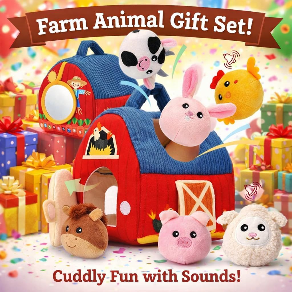 TOY LAB Baby Toys 6-12 Months - Farm Animals with Barn, Rattle, Crinkle Paper, Mirror - Busy Montessori Sensory Toys for Babies Toddlers 1-3 - Baby Easter Basket Stuffers