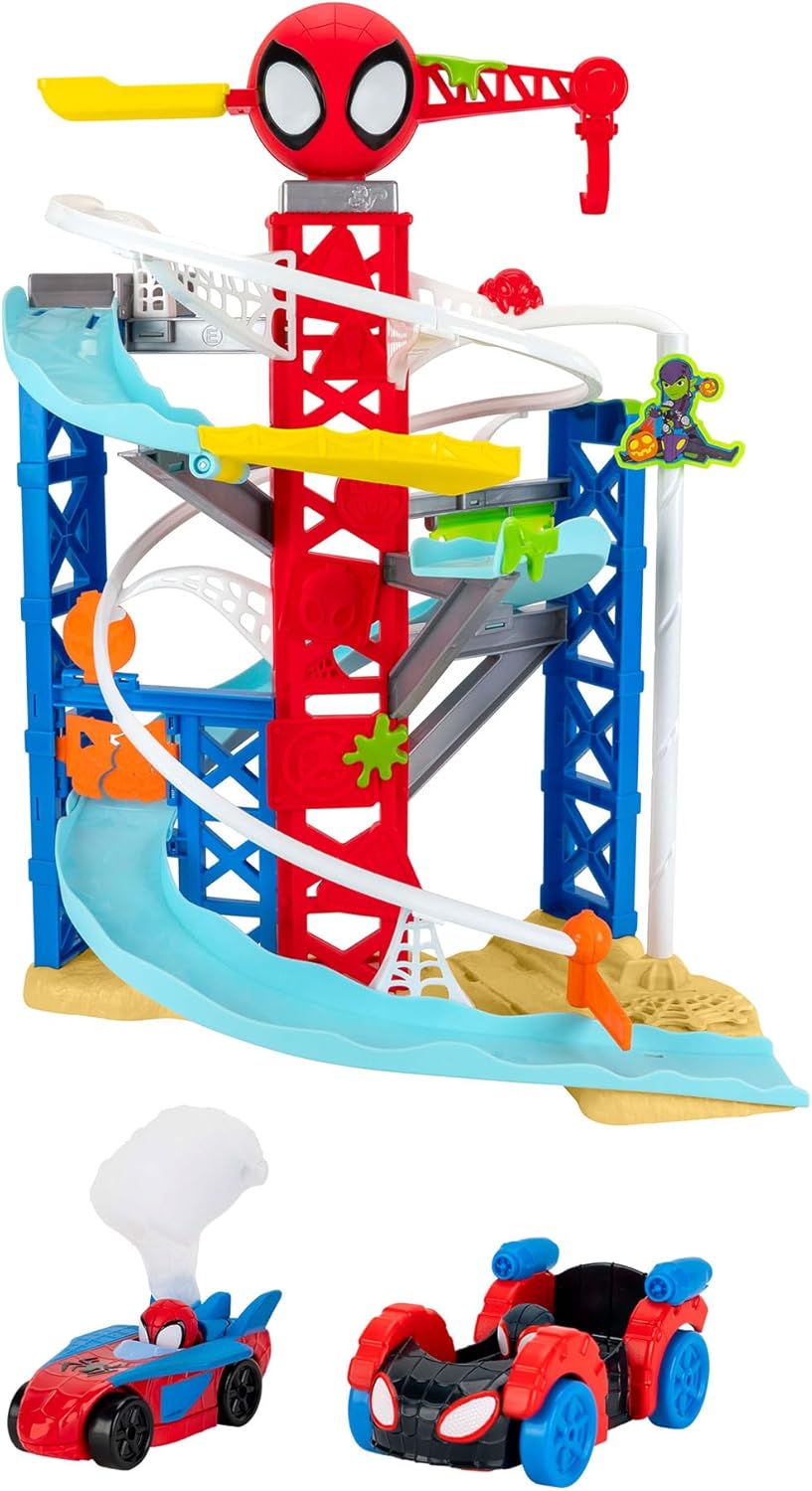 MARVEL Spidey and His Amazing Friends Construction Zone Chaos Track Set - 2-Foot High Dual Race Track with Zip Line, Play Zones, and Exclusive Vehicles