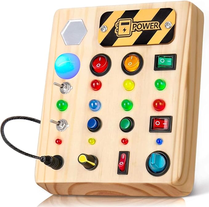Busy Board Montessori Toy for Toddlers – Wooden Sensory Activity Board with Shape Sorter & LED Light-Up Switches – Fine Motor Skills Learning Toy for Boys & Girls, Travel Quiet Toy for Kids