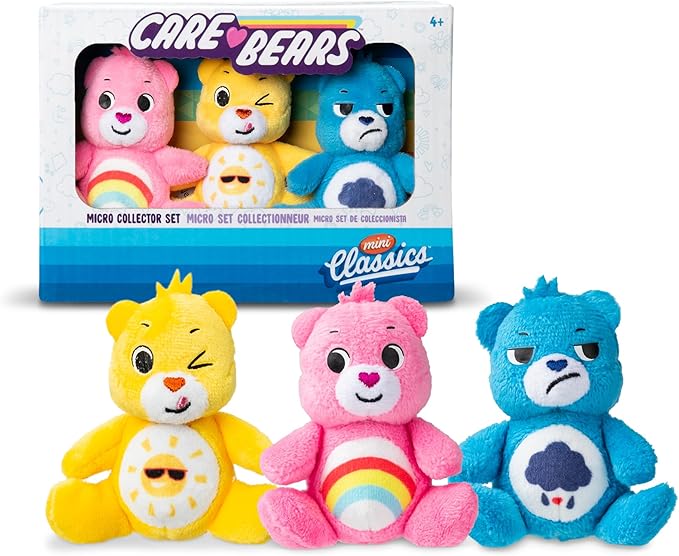 Basic Fun Care Bears Mini Classics Micro Plush 3-Pack, Cheer Bear, Funshine Bear and Grumpy Bear, Collectible and Portable 3" Plush Toys for Kids and Fans of All Ages
