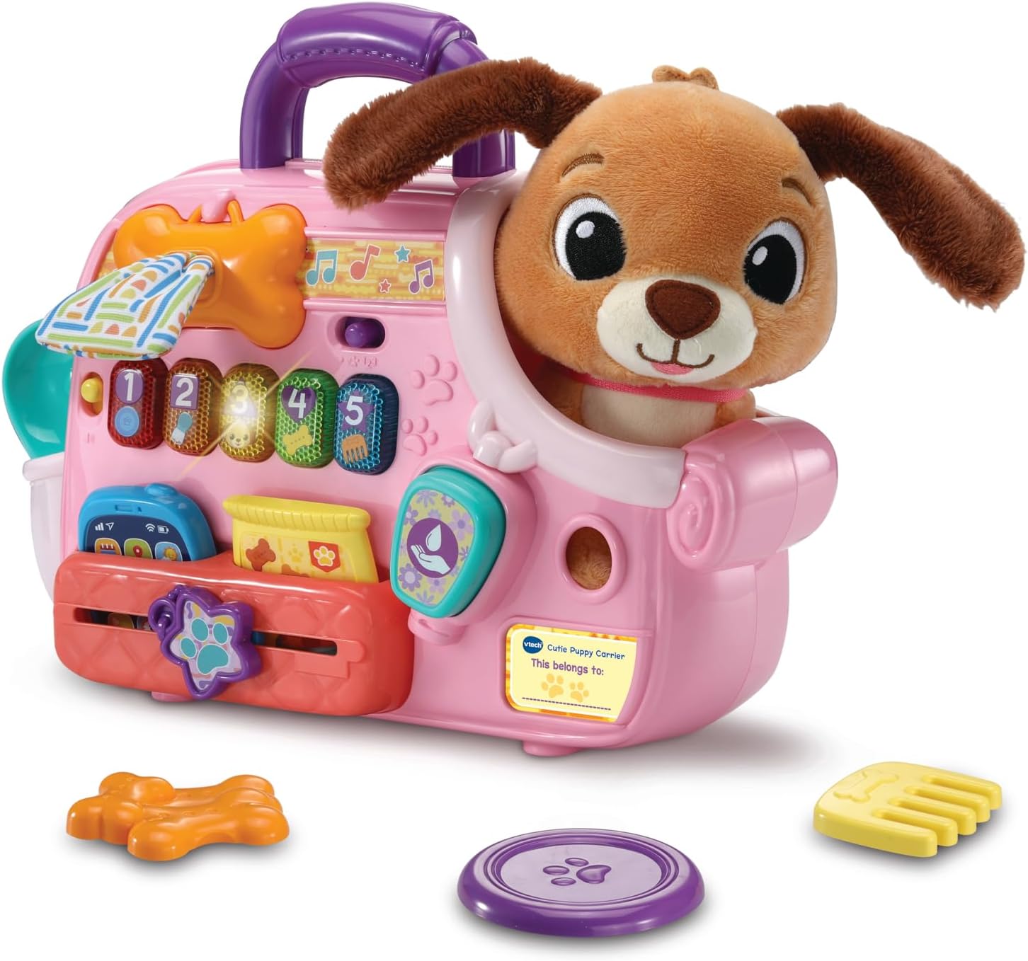 VTech Baby Cutie Puppy Carrier, Interactive Role-Play Toy with 6 Accessories, Light-up Buttons with Music, Sounds & Phrases, Gift for Babies 9, 18, 24 months +