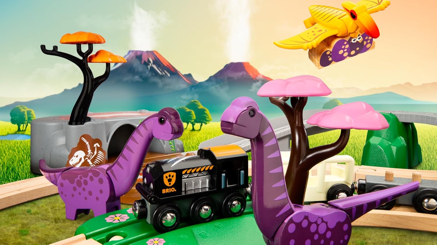 BRIO World Dinosaur Adventure Train Set for Kids Age 3 Years Up, Wooden Railway Accessories and Add Ons