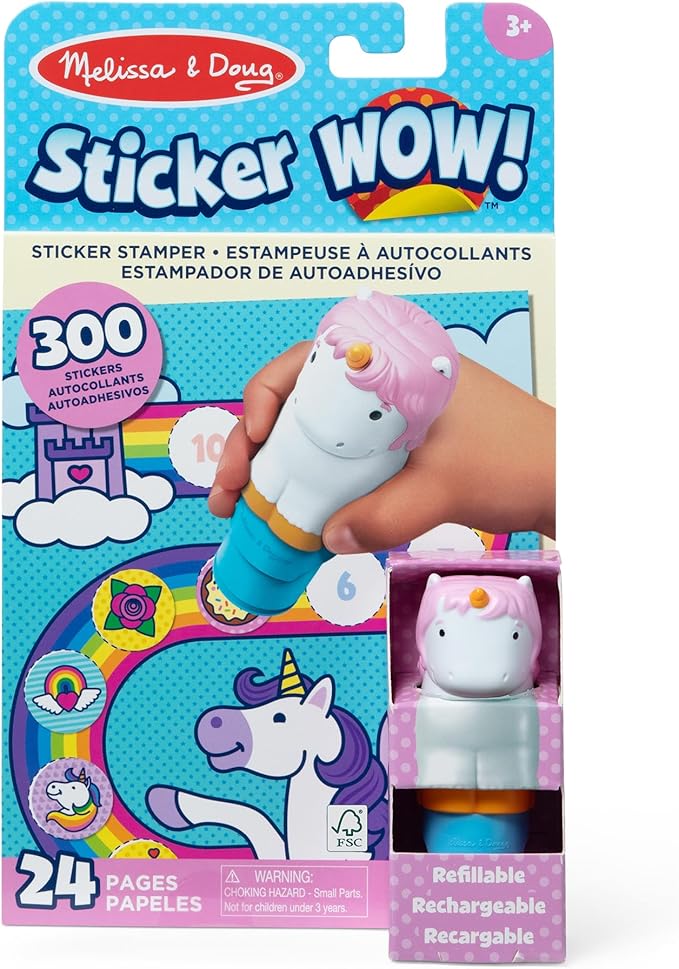 Melissa & Doug Sticker Wow!™ Sticker Stamper and 24-Page Activity Pad, 300 Stickers, Arts and Crafts Fidget Toy Collectible Character – Unicorn - Creative Play Travel Toy for Girls and Boys 3+