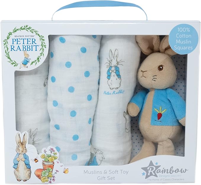 Peter Rabbit Gift Set - Unisex Beatrix Potter Soft Toy and Muslin Set
