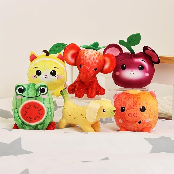 Golden Bear FOODIBLES Scented Small 10cm Tall Soft Toy Collection: Strawberry Elephant, Cool Watermelon Frog, Cute Cherry Mouse, Banana Dog, Cute Lemon Cat and “Pretty as a Peach” Pig! (6 Pieces)