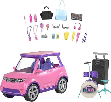 Barbie: Big City, Big Dreams Transforming Vehicle Playset, Pink 2-Seater SUV Reveals Stage, Drum Set & Concert-Themed Accessories, Gift for 3 to 7 Year Olds, GYJ25