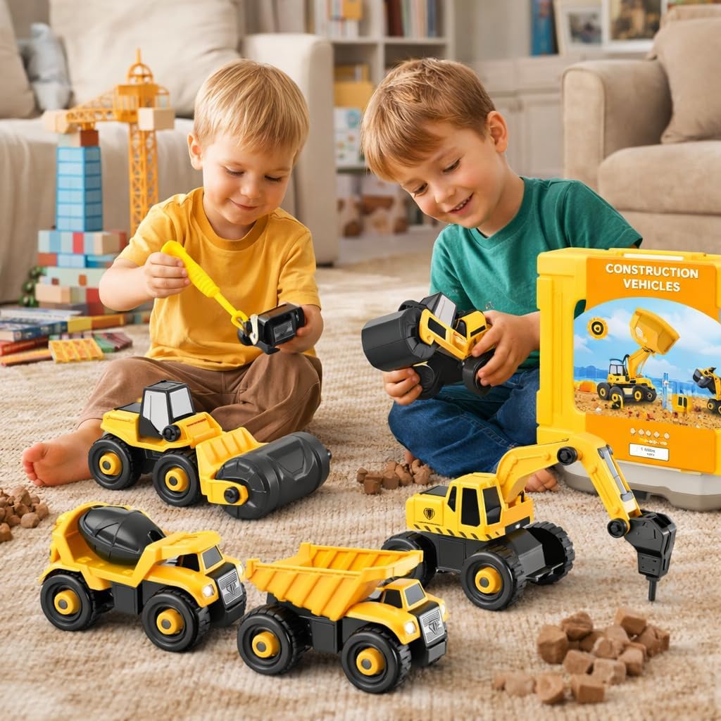 TOY LAB 6 in 1 Take-Apart Construction Vehicles include Toy Drill & Box, Digger Excavators Truck Building STEM Learning Gift, Electric Drill Toy Set for Boys Girls 3 4 5 Years Old