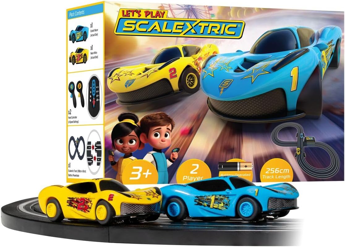 Scalextric Let's Play! G1188M Racing Track Sets for Kids Ages 3+ - Battery Powered Micro Race Set, Toy Car Kits for Boys. Incl. 1x Speed Track, 2x Racing Cars, 2x Controllers - Toys Gifts 1:64 Scale