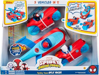 Spidey and Friends SNF0271 Spidey & his Amazing Friends Team Split Racer-8.5-Inch Three-in-One Vehicle with Web Darts, Sound Effects, and Phrases, Multicolour