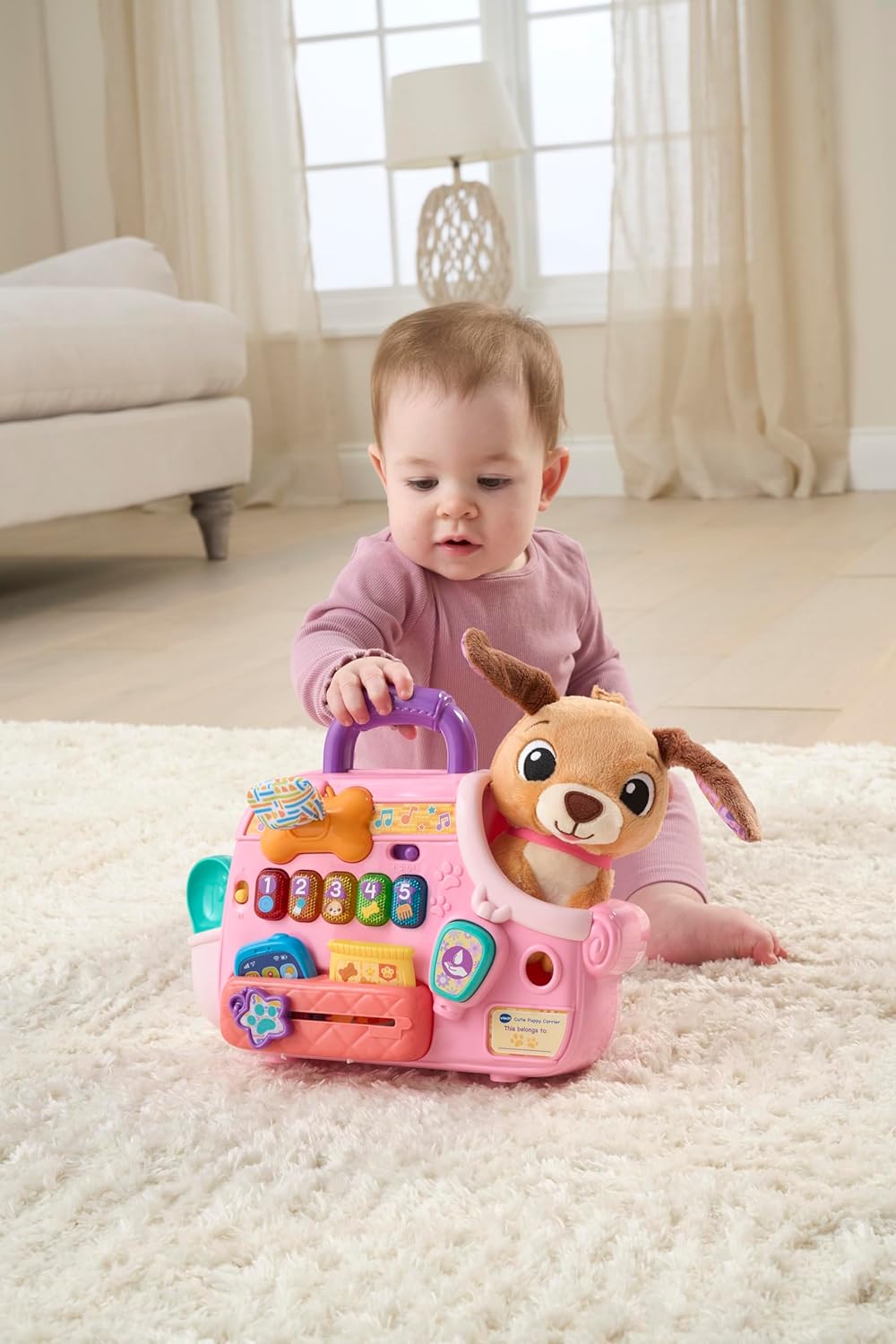 VTech Baby Cutie Puppy Carrier, Interactive Role-Play Toy with 6 Accessories, Light-up Buttons with Music, Sounds & Phrases, Gift for Babies 9, 18, 24 months +