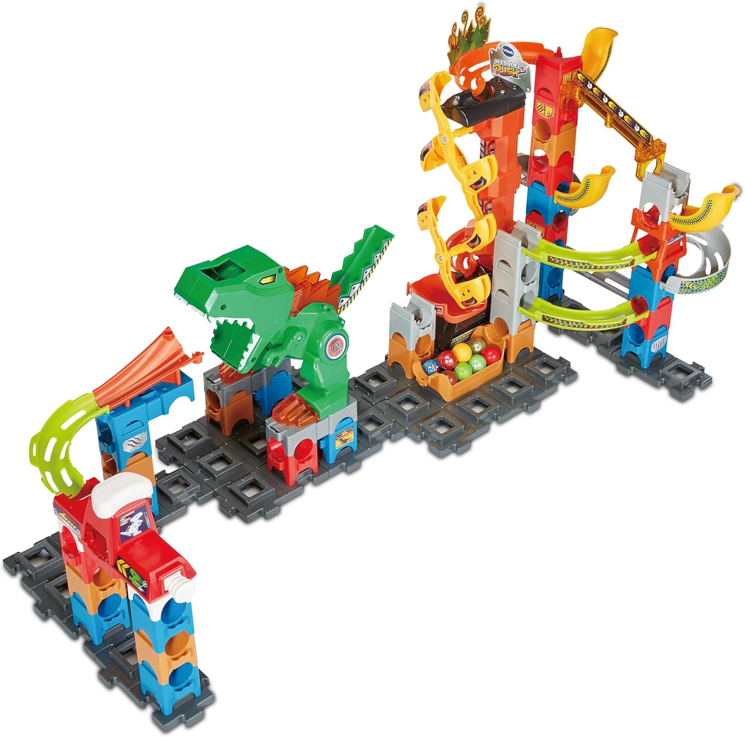 VTech Marble Rush Magentic Dino Adventure, Construction Set for Kids, 10 Marbles & 100 Building Pieces, Building Toy, Dinosaur Marble Run with Light & Sound Effects for 4, 5, 6 Years + English Version