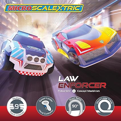 Micro Scalextric Car Race Track Sets for Kids Age 4+ - Law Enforcer Track Builder Construction Set, Mains Powered Electric Car Track, Slot Cars Kids' Play Vehicles - Mini Toy Racing Tracks for Boys