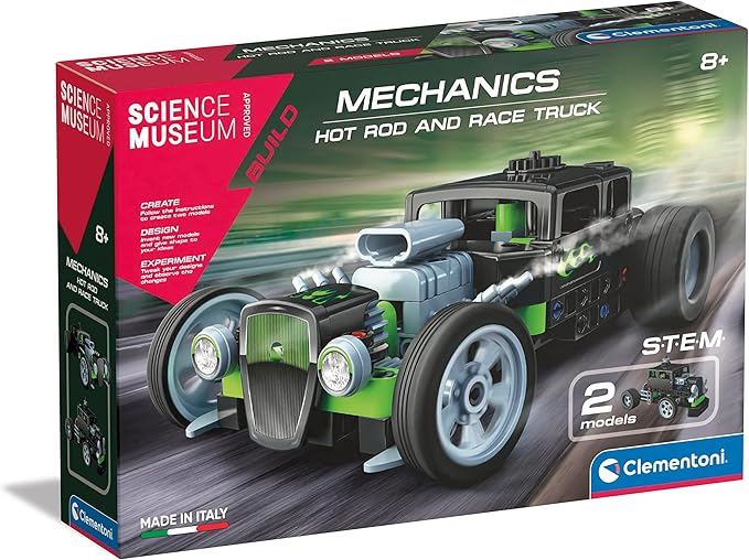 Clementoni- Science Museum Mechanics: Hot Rod & Rocket Truck Building Set, 2 Models in 1, Moving Gears, STEM Learning Toy for Kids (8+ years)