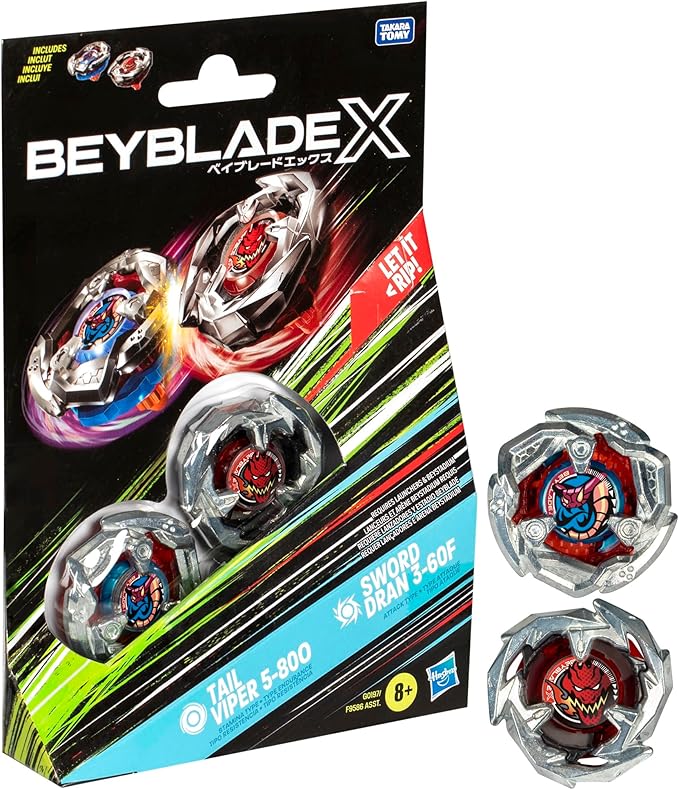 Beyblade X Tail Viper 5-80O and Sword Dran 3-60F Top Dual Pack Set, Includes 2 Right-Spin Tops, Spinning Toys for 8+ Year Old Boys and Girls, Action-Packed Battles