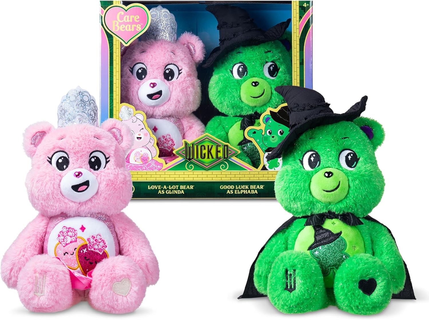 Care Bears Basic Fun x Wicked 30cm Plush 2-Pack – Good Luck Bear as Elphaba & Love-A-Lot Bear as Glinda – Limited Edition Soft Toys – Collectible Gift Set for Kids & Fans