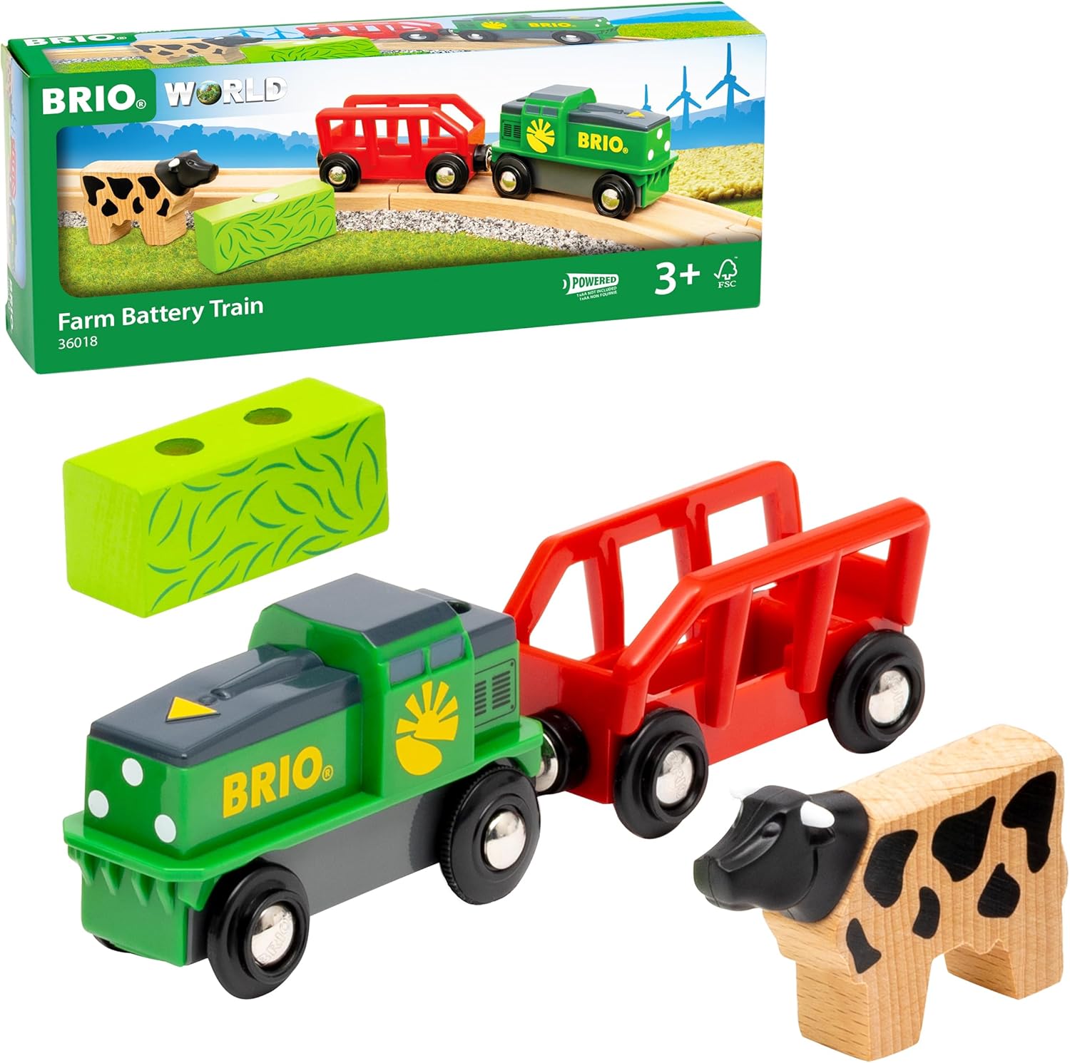 BRIO World Battery Powered Farm Train Engine for Kids Age 3 Years Up - Wooden Railway Add On Accessories