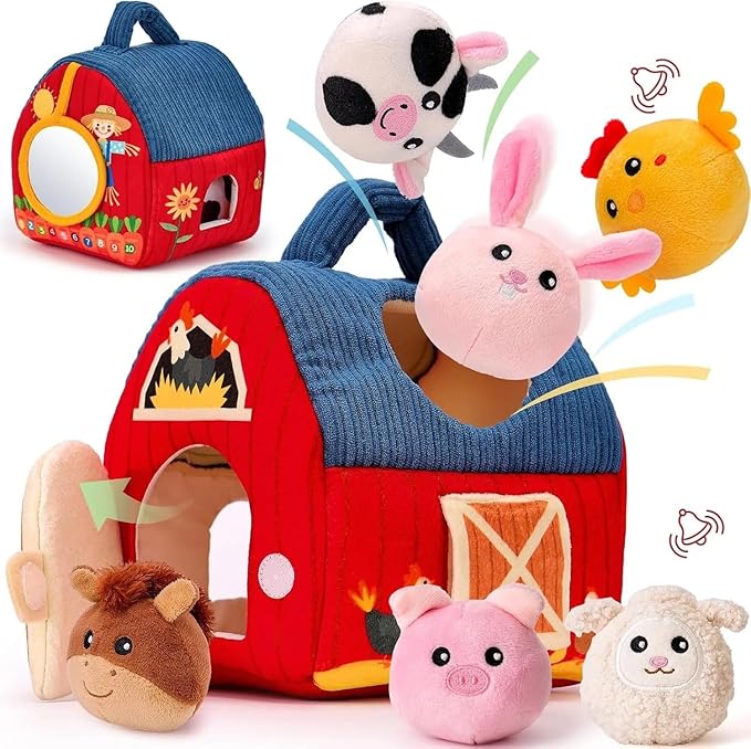 Plush Farm Animal Toy Set for Kids - 7-Piece Soft Plush Toys with Barn Carrier, Includes Cow, Horse, Sheep, Pig, Rabbit & Chicken - Perfect for Toddlers, Baby Gifts & Learning Play