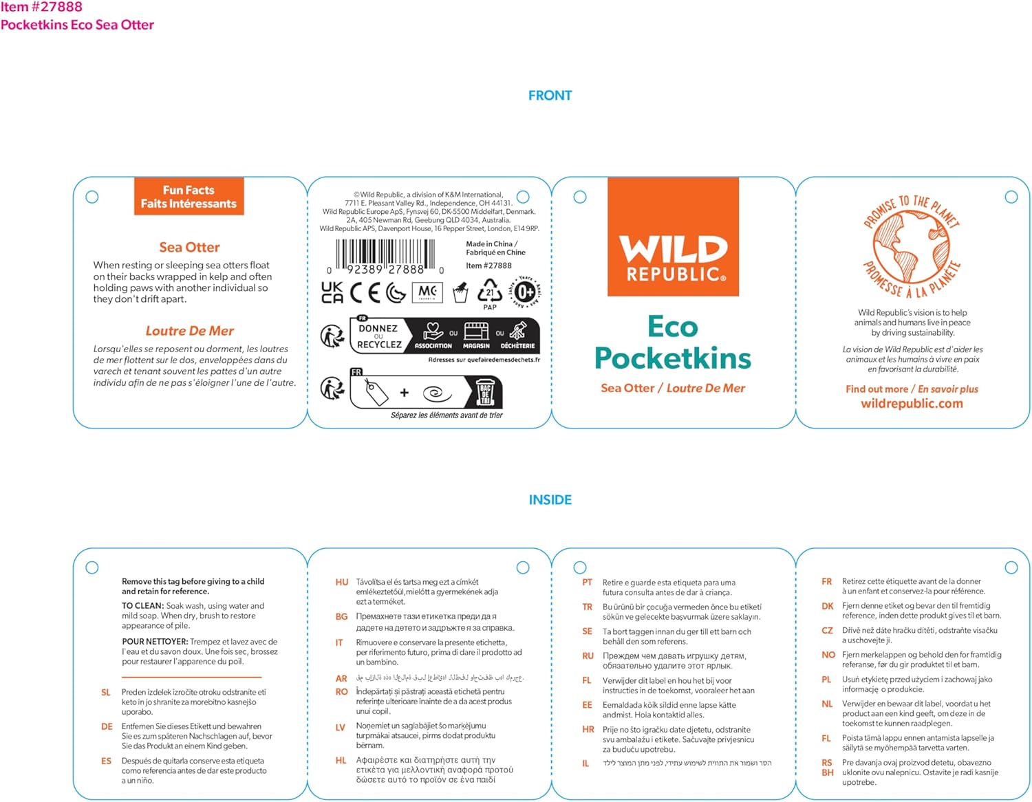 Wild Republic Pocketkins Eco Sea Otter, Stuffed Animal, 5 Inches, Plush Toy, Made from Recycled Materials, Eco Friendly, Brown