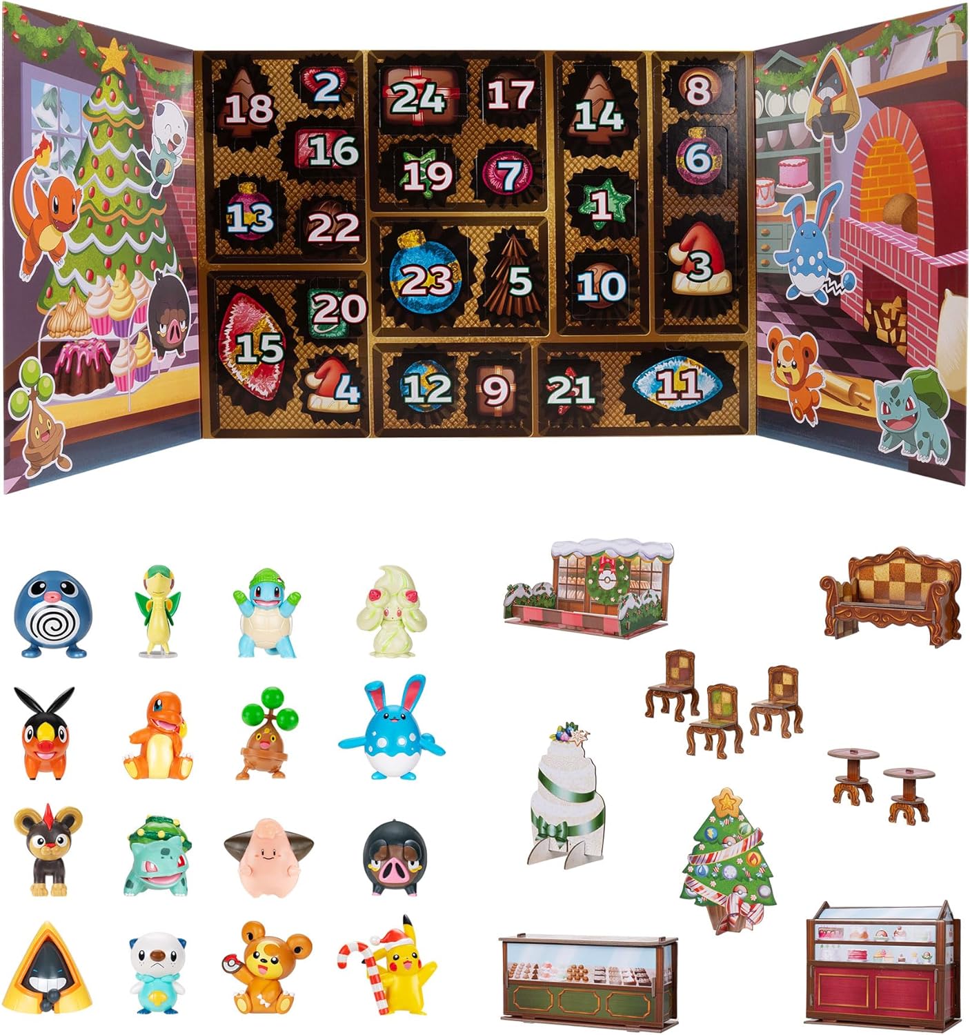 Pokémon Holiday Calendar 2025 - Features 16 2-Inch Battle Figures with Special Finish and Eight Unique Accessories