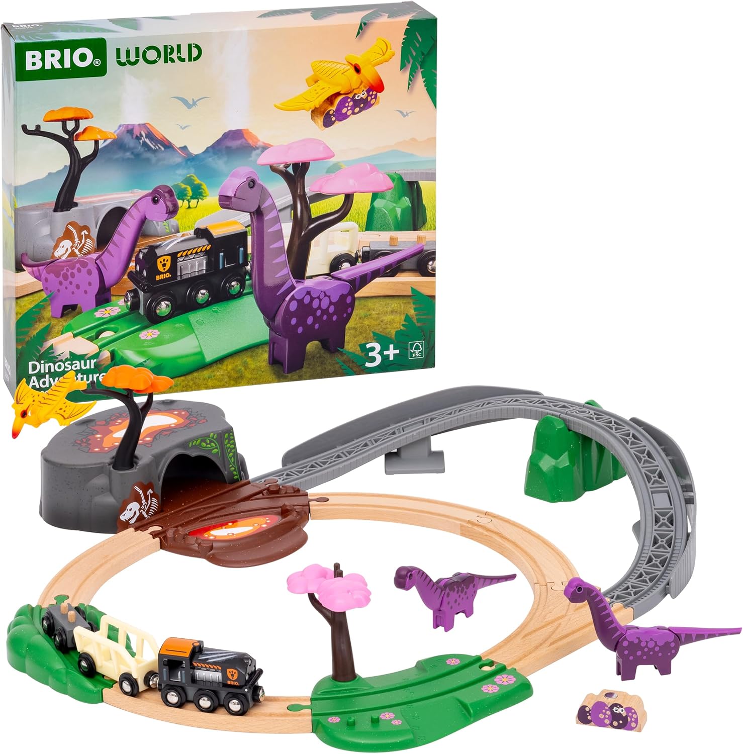 BRIO World Dinosaur Adventure Train Set for Kids Age 3 Years Up, Wooden Railway Accessories and Add Ons