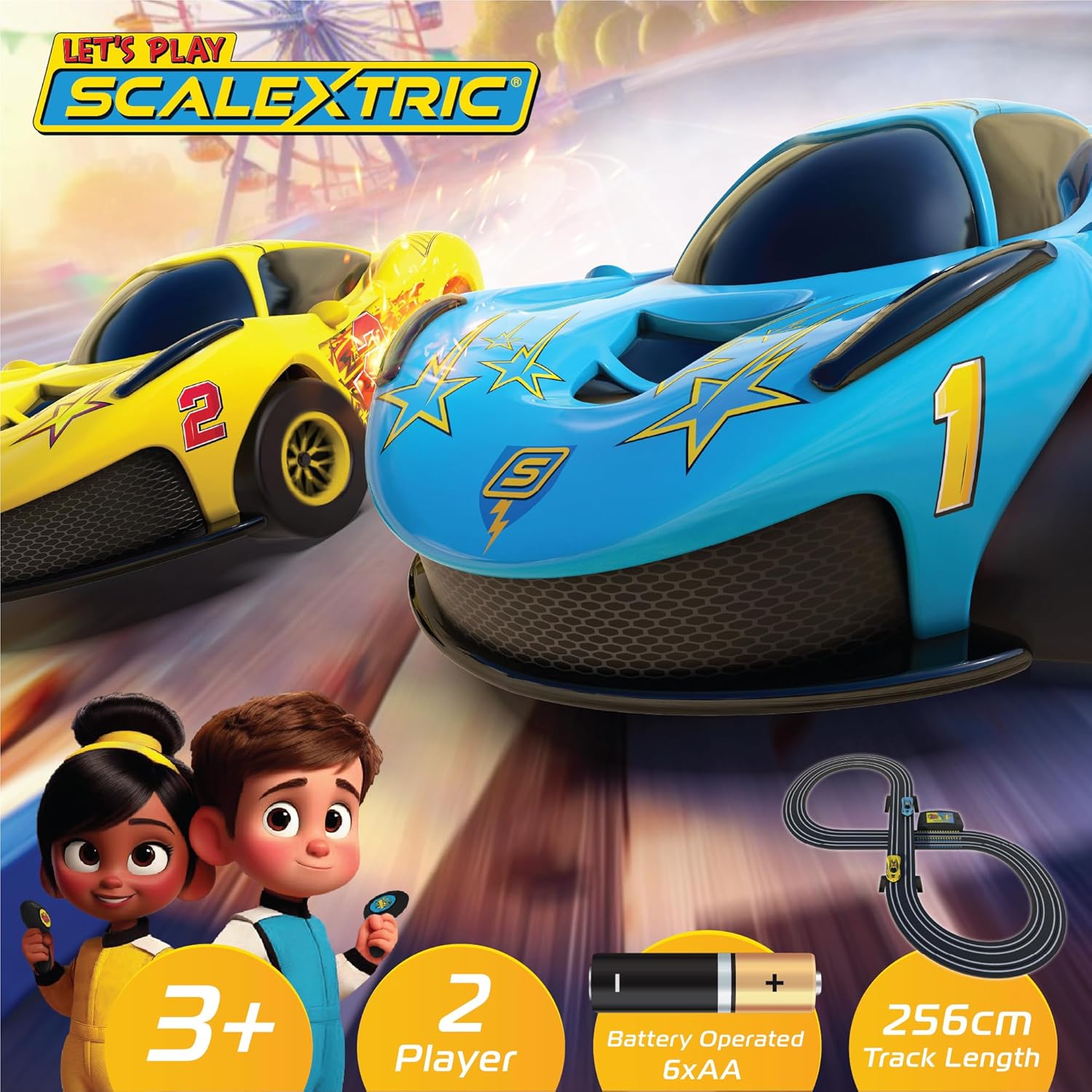 Scalextric Let's Play! G1188M Racing Track Sets for Kids Ages 3+ - Battery Powered Micro Race Set, Toy Car Kits for Boys. Incl. 1x Speed Track, 2x Racing Cars, 2x Controllers - Toys Gifts 1:64 Scale