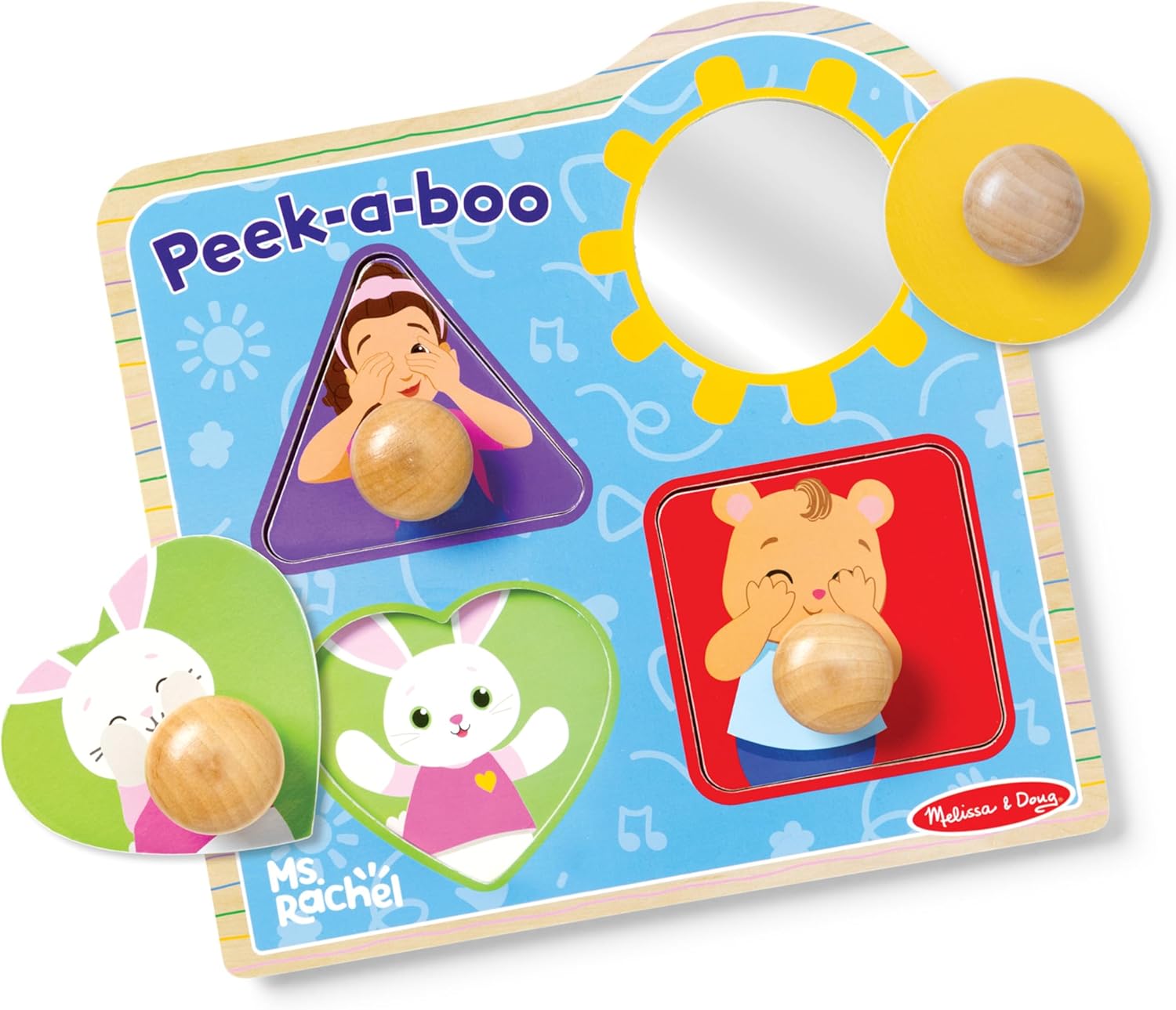 Melissa & Doug Ms Rachel Wooden Peek-a-Boo Jumbo Peg Puzzle, 4-Piece with Mirror, Toddler Toys for Boys and Girls Ages 1+ Years