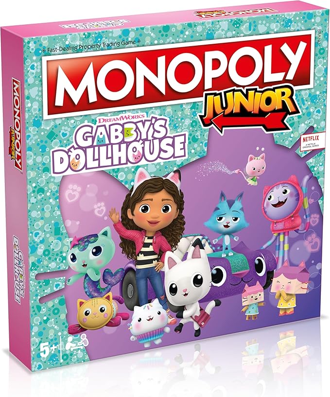 Winning Moves Gabby's Dollhouse Monopoly Junior Board Game, Buy Panda Paws, Kirry Fairy, Baby Box, DJ Catnip and trade your way to success, great gift for ages 6 plus