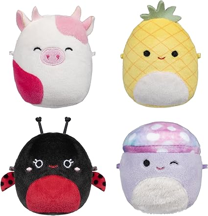 Micromallows Squishmallows Plush 4-Pack - Trudy Ladybug, Caedyn Cow, Maui Pineapple and Minya Mushroom
