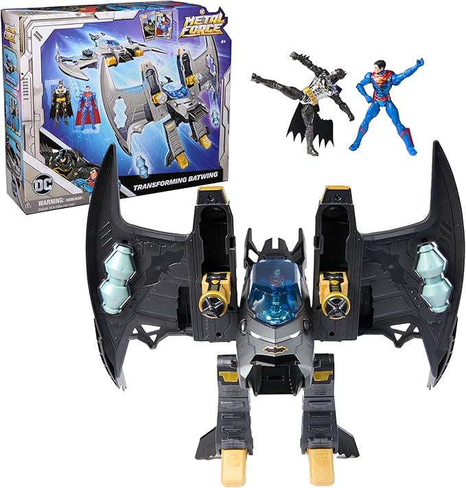 DC Comics, Metal Force Transforming Batwing, 2-in-1 Playset, Includes Batman and Superman Figures, with Projectiles and Character Cards, Kids’ Toy for Boys and Girls Aged 4+