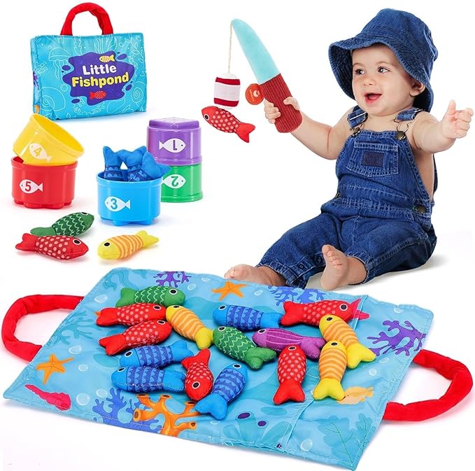 Toddler Toys Montessori 10-in-1 Cloth Fishing Game – Stacking Cups, Number Counting, Color Sorting – Educational Learning Toy for 1 Year Old Boys & Girls, Fine Motor Skills & Sensory Play