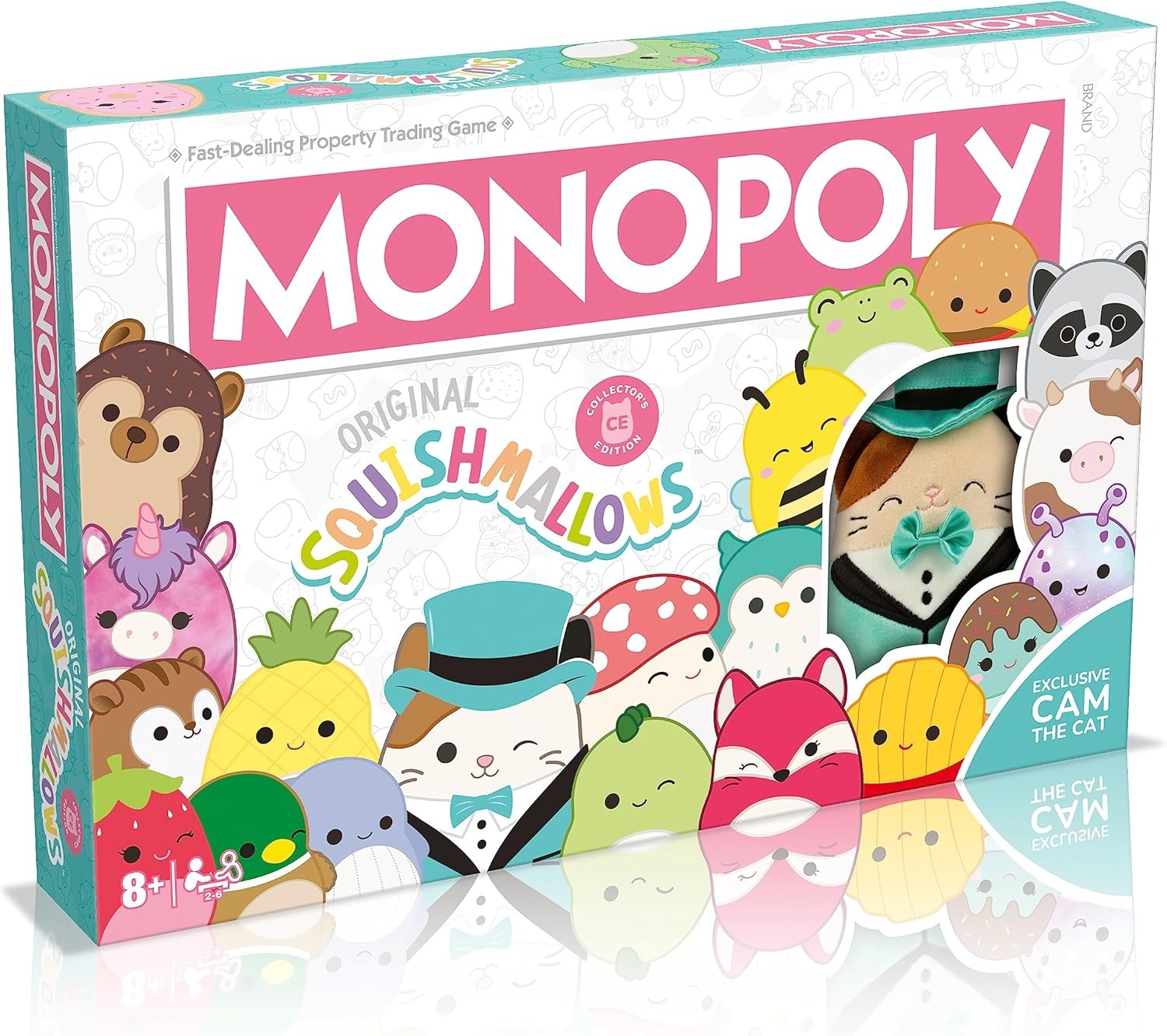 Winning Moves Squishmallows Monopoly Board Game Collectors Edition, Play with Fifi the Fox, Rosie the pig and Brock the Bulldog, includes an exclusive 4" Cam the Cat plush, great gift for ages 8+