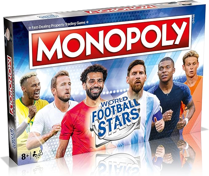 Winning Moves World Football Stars Monopoly Board Game, Play with Cristiano Ronaldo, Lionel Messi, Harry Kane and Salah, gift for ages 8 plus, Blue