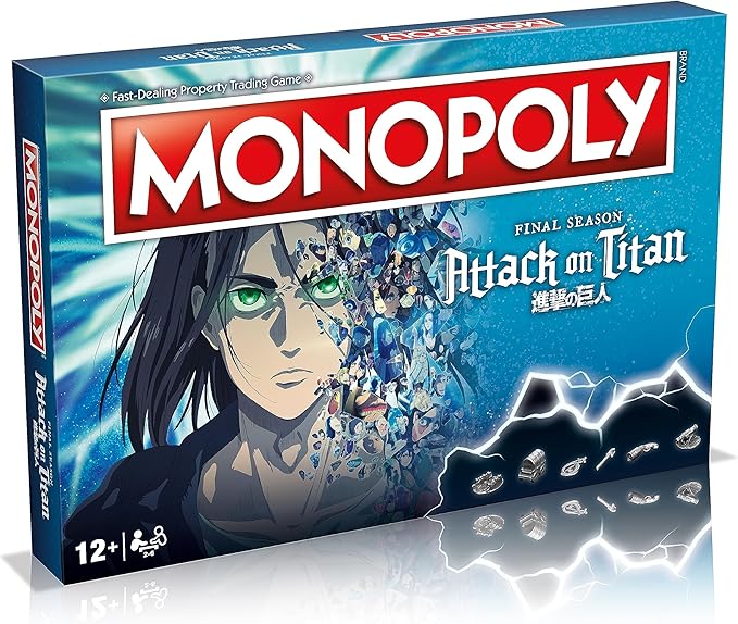 Winning Moves Attack on Titan The Final Season Monopoly Board Game, buy Eren Jaeger, Colossal Titan, Gabi Braun, Yelena and trade your way to success, makes a great gift for ages 12 plus