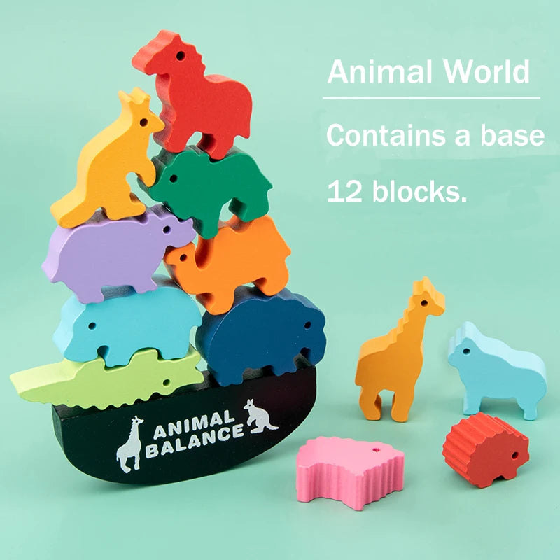 Wholesale Wooden Children Balance Stacked Animal Dinosaur Building Blocks Sets Puzzle Game Educational Toys for Kids Boys Girls Blancing Blocks-Animals