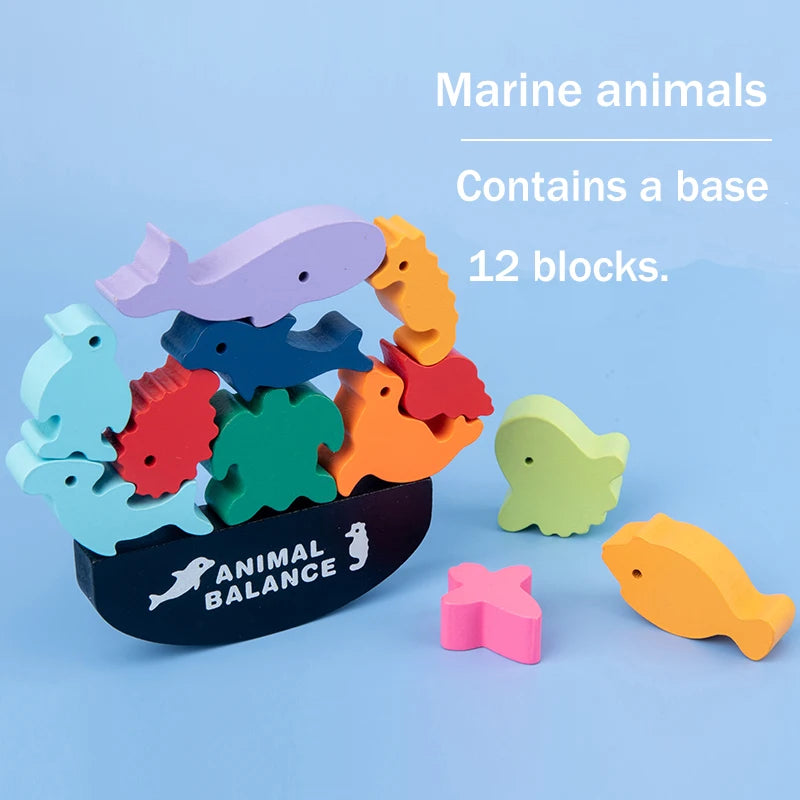 Wholesale Wooden Children Balance Stacked Animal Dinosaur Building Blocks Sets Puzzle Game Educational Toys for Kids Boys Girls Balancing Blocks- Marine Animals